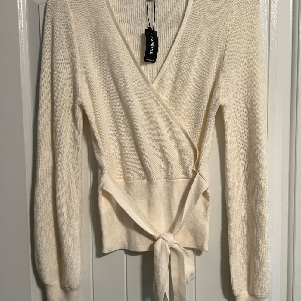 Express Cream V-Neck Sweater with Wrap Design